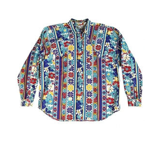 Vintage 90s Brush Popper Button Down Western Aztec Shirt Colorful Size Large